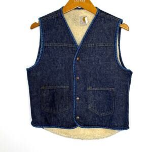 Vintage Carhartt‎ denim faux shearling  lined snap front vest